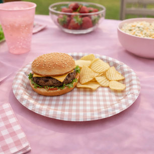 Pink and White Classic Gingham Plaid Pattern Paper Plate