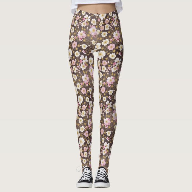 Pink and White Cosmos Floral Pattern Leggings (Front)