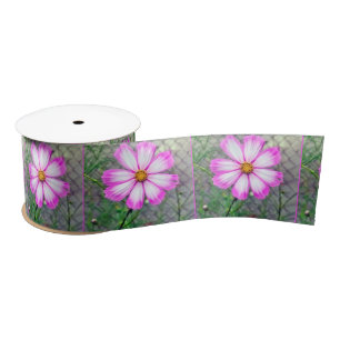 Pink and White Cosmos Flower Satin Ribbon