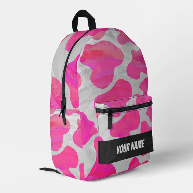 Pink and White Cow Pattern Monogram Printed Backpack (Back Corner Left)