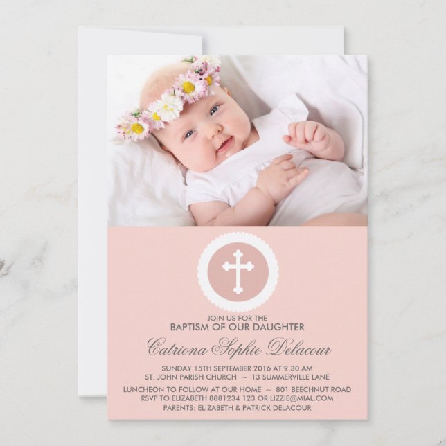 Pink and White Cross Baptism Photo Invitation (Front)