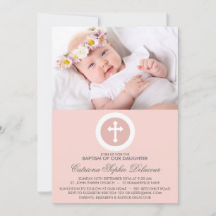 Pink and White Cross Baptism Photo Invitation