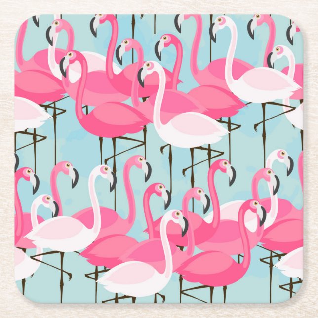 Pink And White Crowd Of Flamingos Square Paper Coaster (Front)