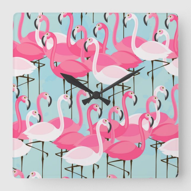 Pink And White Crowd Of Flamingos Square Wall Clock (Front)