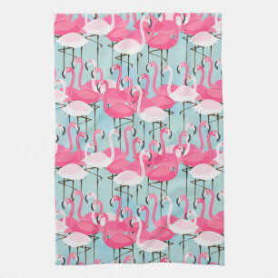 Pink And White Crowd Of Flamingos Tea Towel