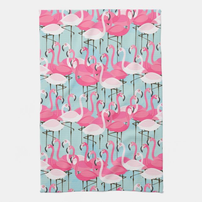 Pink And White Crowd Of Flamingos Tea Towel (Vertical)