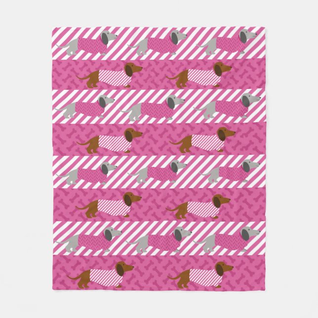 Pink and White Dachshund Fleece Blanket Bedding (Front)