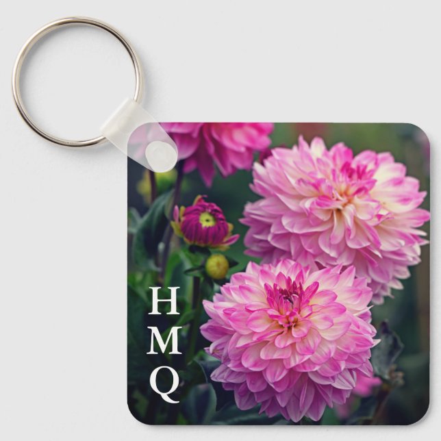 Pink and White Dahlia Flower Initials Key Ring (Front)