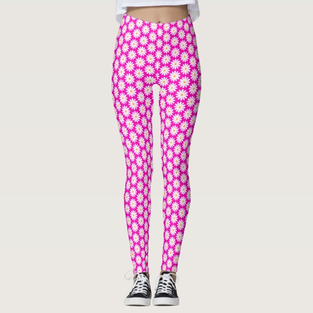 Pink and White Daisy Flower Pattern Leggings (Front)