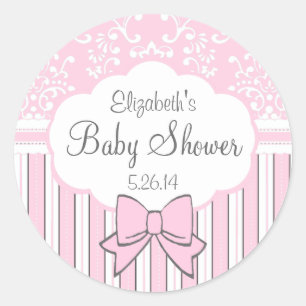 Pink and White Damask Baby Shower Classic Round Sticker