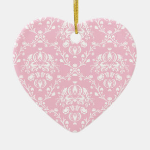 Pink and White Damask Ceramic Ornament