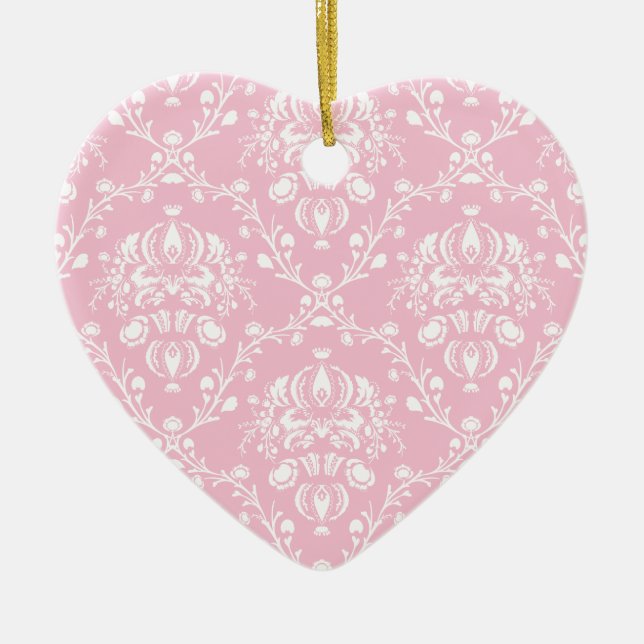 Pink and White Damask Ceramic Ornament (Front)