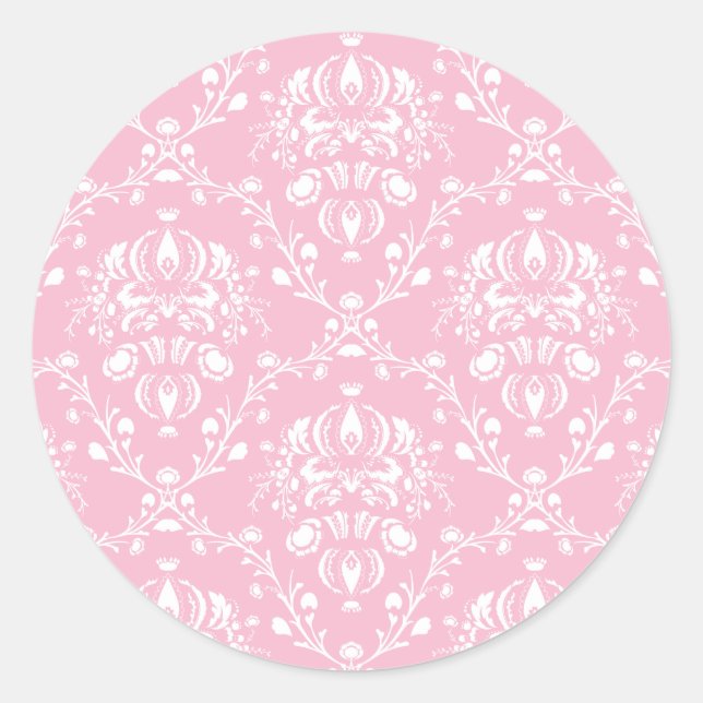 Pink and White Damask Classic Round Sticker (Front)