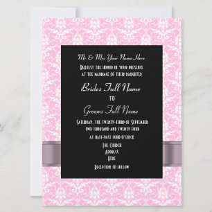 Pink and white damask formal wedding invitation