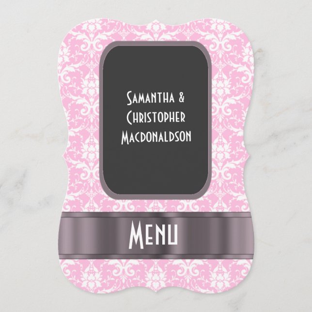 Pink and white damask formal wedding menu (Front)