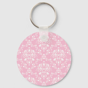 Pink and White Damask Key Ring