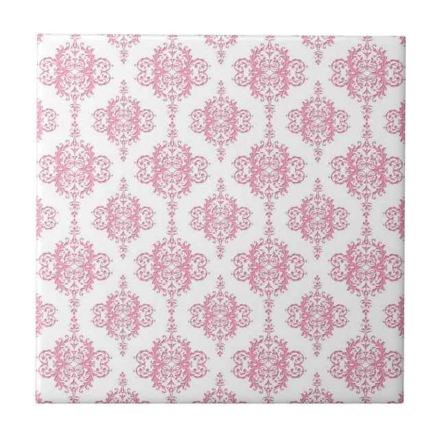 Pink and White Damask Pattern Ceramic Tile (Front)