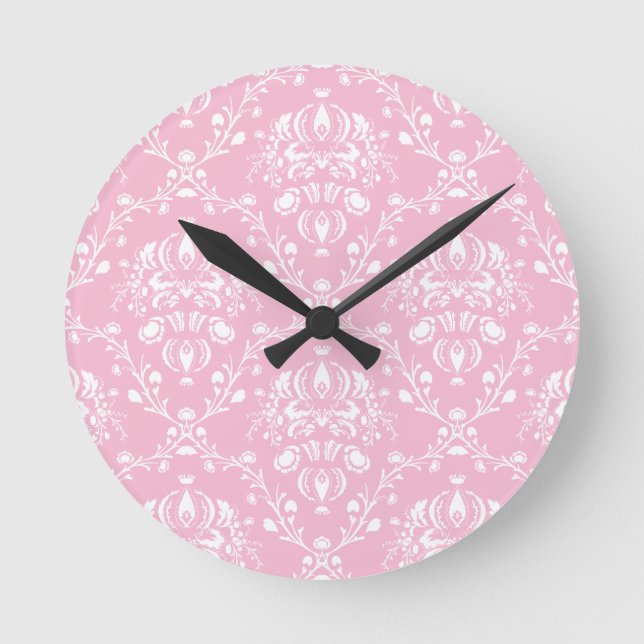 Pink and White Damask Round Clock (Front)