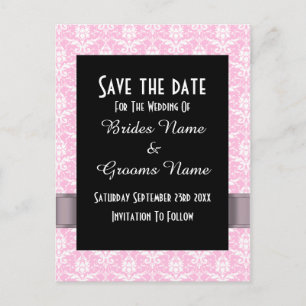 Pink and white damask save the date announcement postcard
