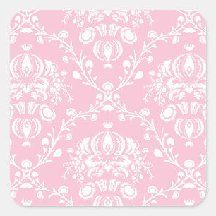 Pink and White Damask Square Sticker