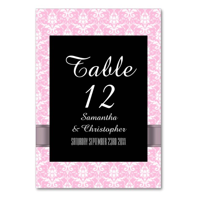 Pink and white damask table number (Front)