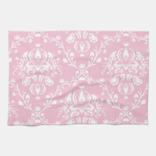 Pink and White Damask Tea Towel