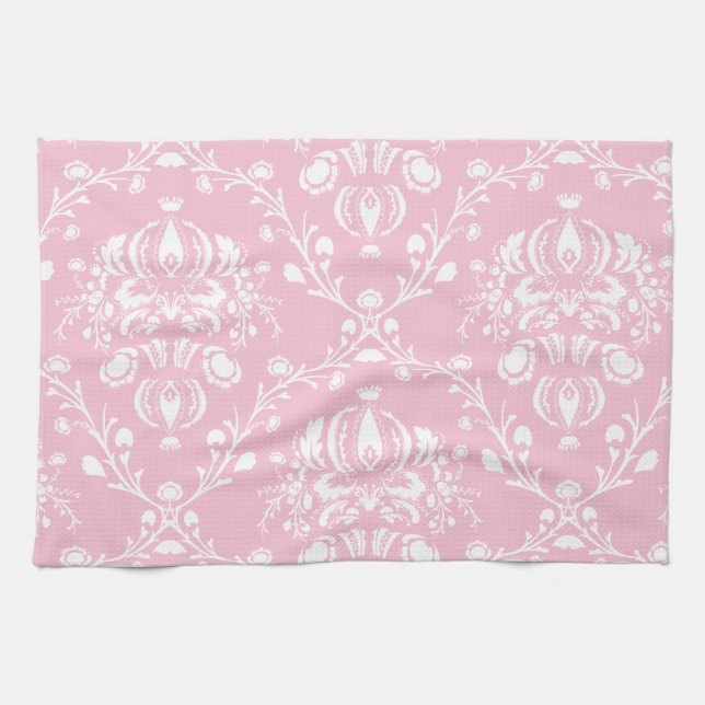 Pink and White Damask Tea Towel (Horizontal)