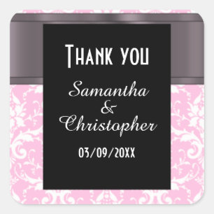 Pink and white damask thank you square sticker