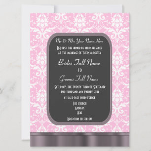 Pink and white damask wedding invitation