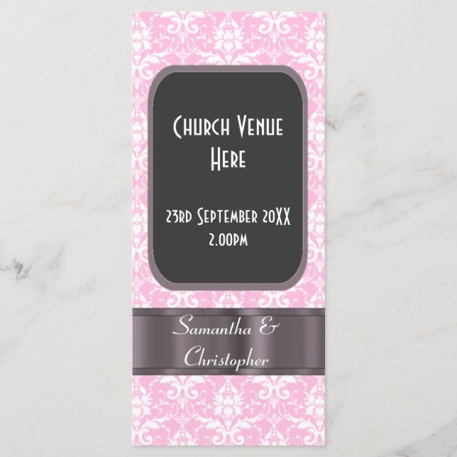 Pink and white damask wedding program (Front)