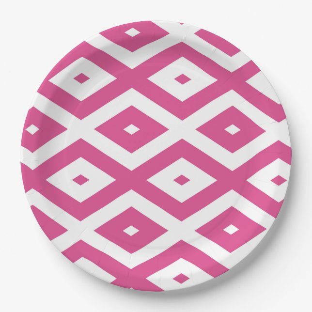 Pink and white diamond pattern paper plate (Front)