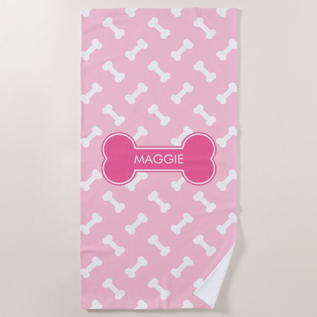 Pink And White Dog Bones Pattern With Custom Name Beach Towel (Front)