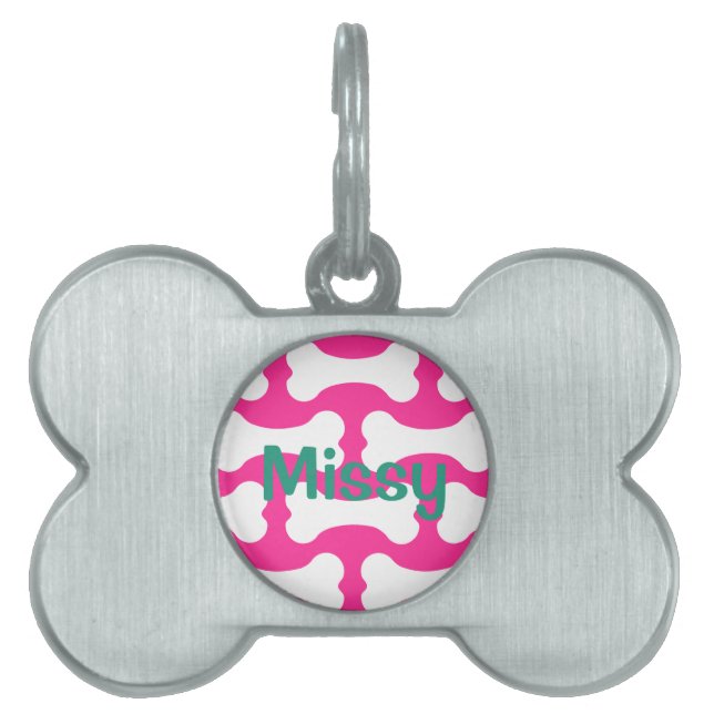 Pink and white dog bones pet tag (Front)