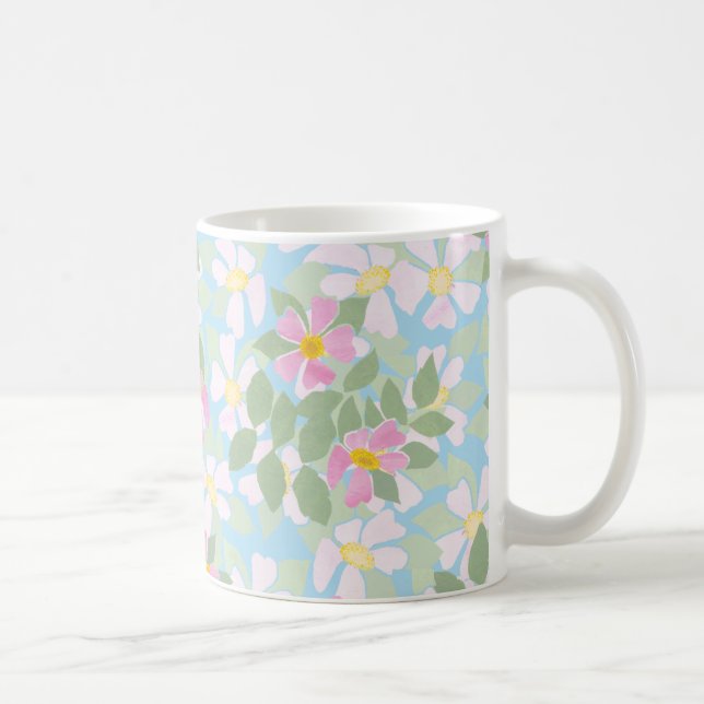 Pink and White Dog Roses on Sky Blue Coffee Mug (Right)