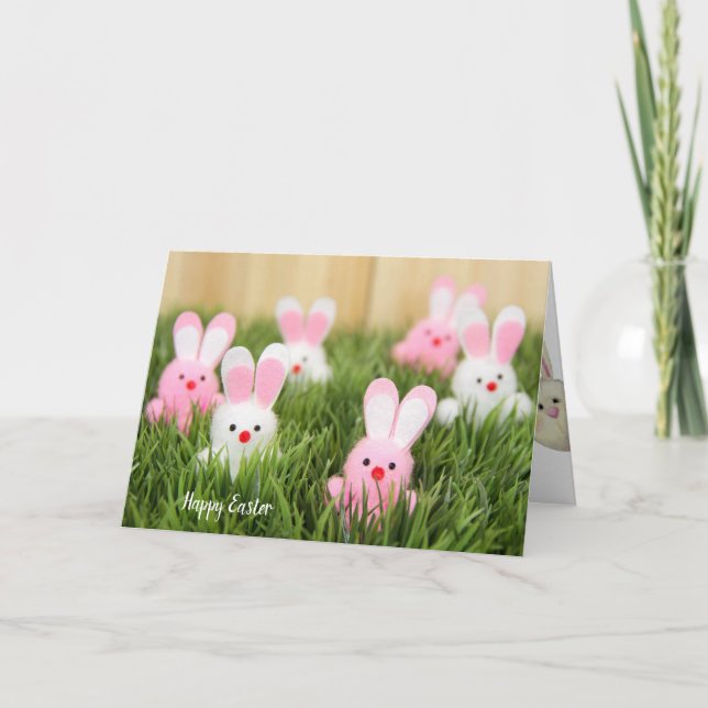 pink and white Easter bunnies in grass Card (Front)