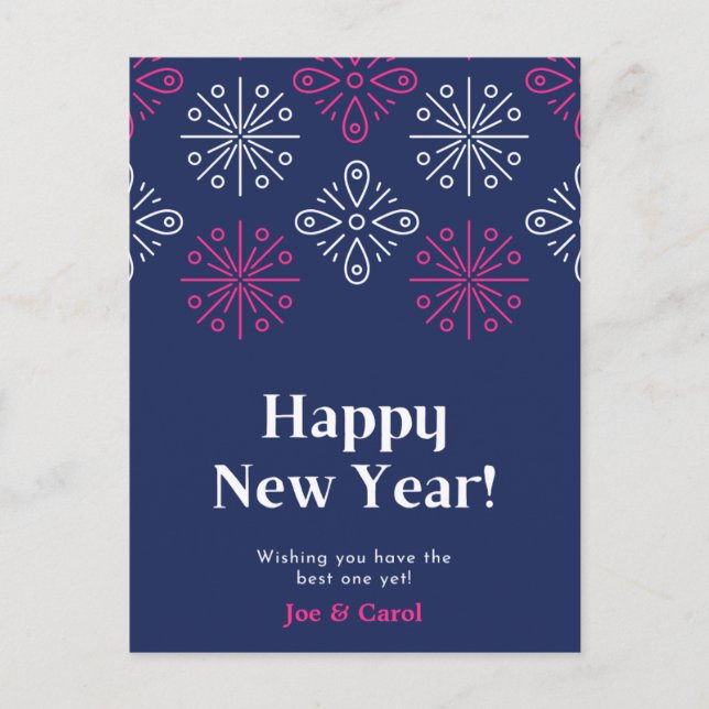 Pink And White Fireworks Happy New Year Postcard (Front)