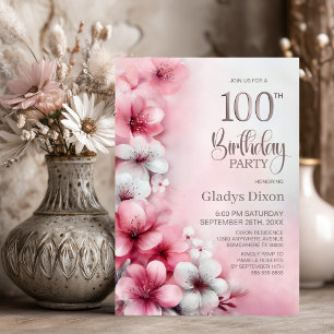 Pink and White Floral 100th Birthday Party Invitation
