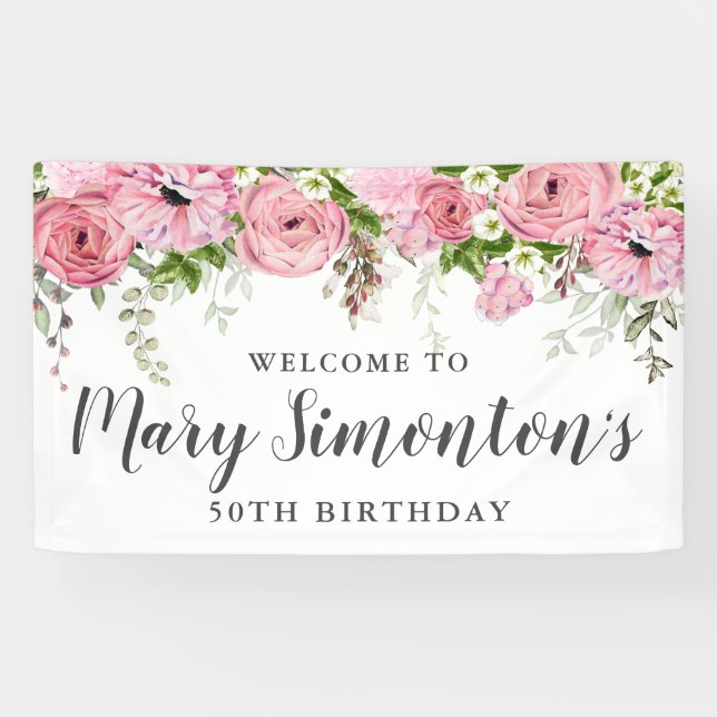 Pink and White Floral 50th Birthday Party Welcome Banner (Horizontal)