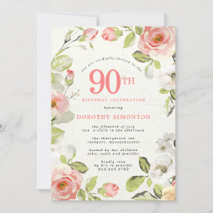Pink and White Floral 90th Birthday Invitation