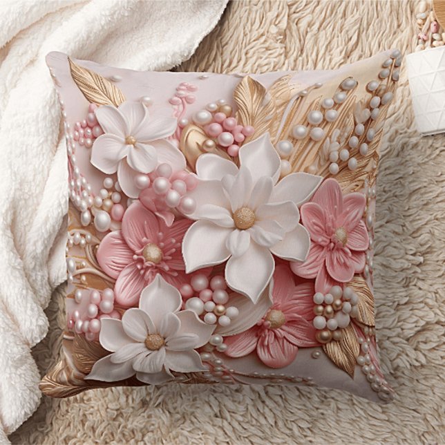 Pink and White Floral and Pearls Throw Pillow (Creator Uploaded)