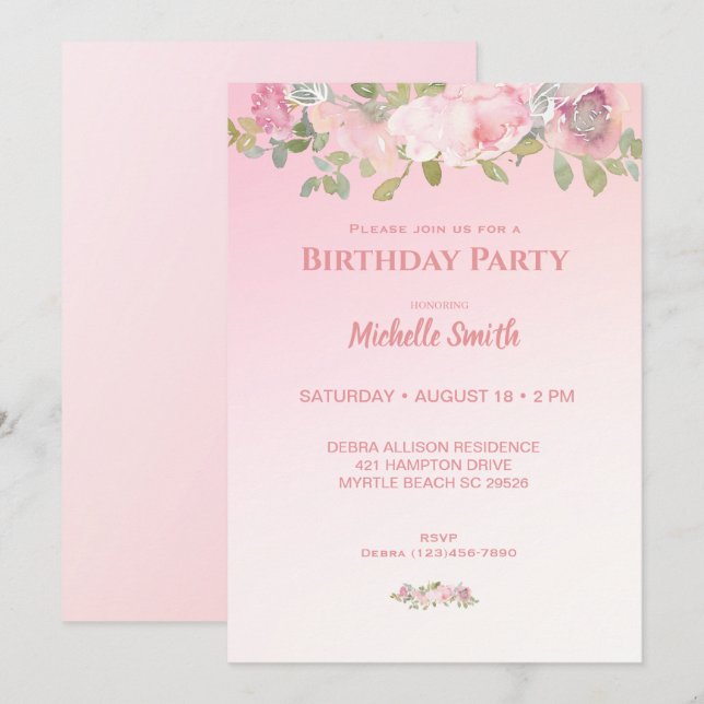  Pink and White Floral Birthday Party   Invitation (Front/Back)
