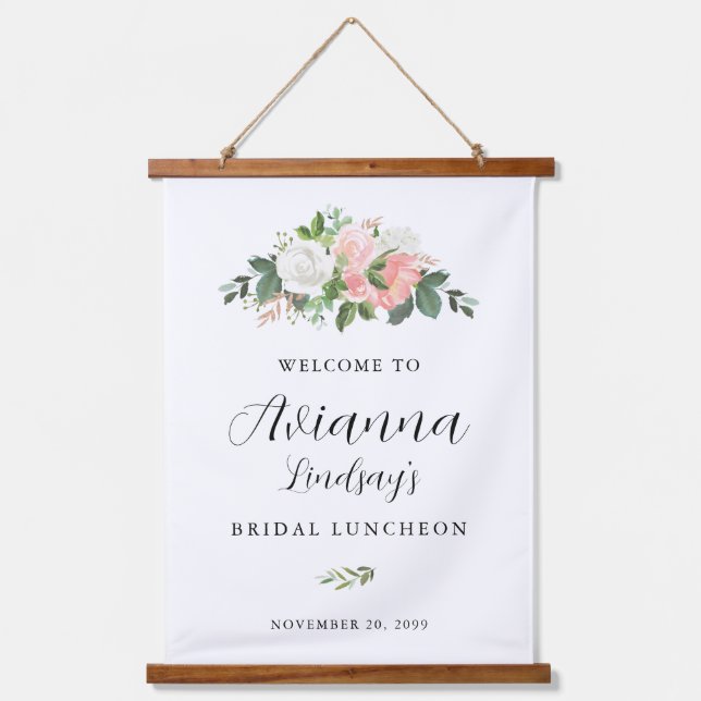 Pink and White Floral Bridal Luncheon Welcome Hanging Tapestry (Front)