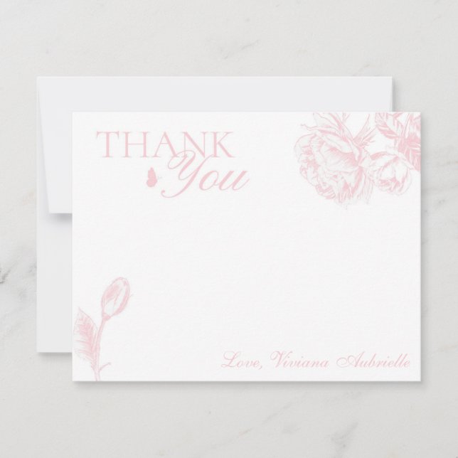 Pink and White Floral Butterfly Thank You Card (Front)