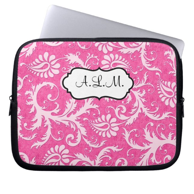 Pink and White Floral Damask Laptop Sleeve (Front)