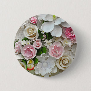Pink and white floral print 6 cm round badge