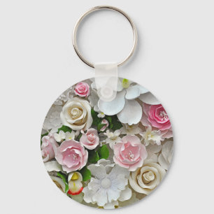 Pink and white floral print key ring