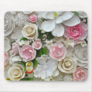 Pink and white floral print mouse pad
