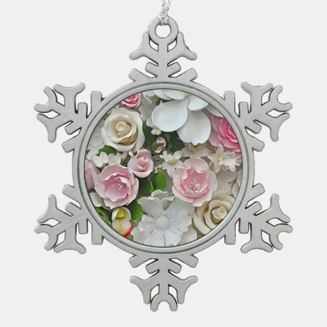 Pink and white floral print snowflake pewter christmas ornament (Front)