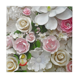 Pink and white floral print tile