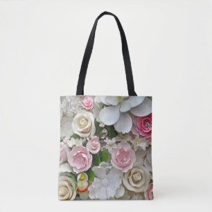 Pink and white floral print tote bag